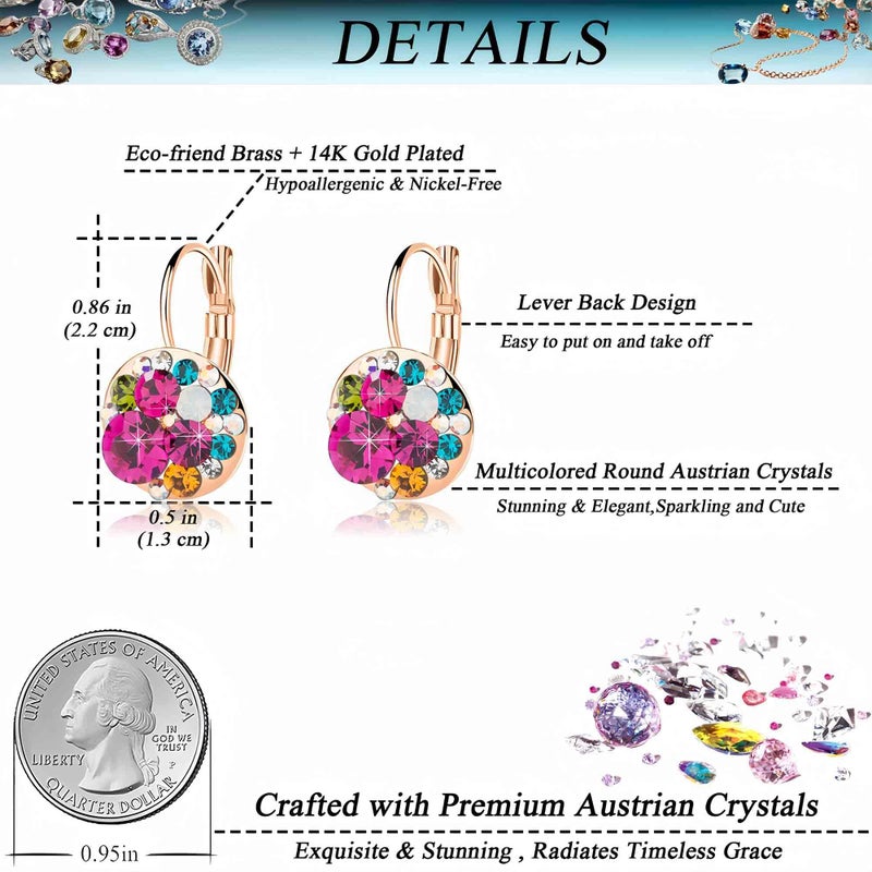 EVEVIC Multicolored Austrian Crystal Drop Earrings for Women 14K Gold Plated Leverback Dangle Hoop Earrings (Rose Main Crystal/Rose Gold-tone) - Image 4